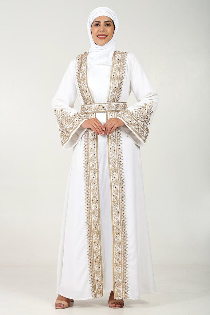 Elegant Summer Cool Fabric 2 - Piece Abaya Set with Embroidered Shrug & Satin Lining - White - EastEssence.com