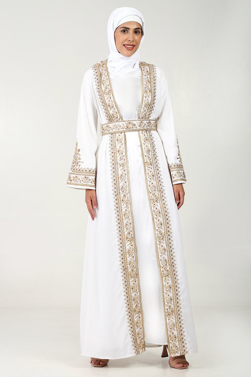 Elegant Summer Cool Fabric 2 - Piece Abaya Set with Embroidered Shrug & Satin Lining - White - EastEssence.com