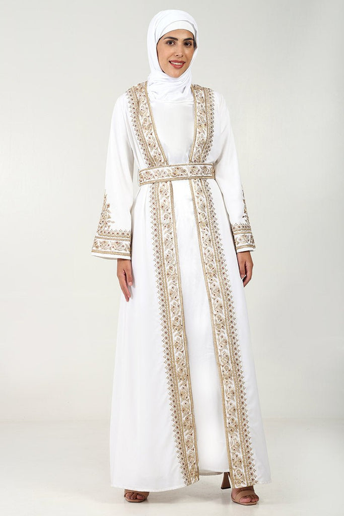 Elegant Summer Cool Fabric 2 - Piece Abaya Set with Embroidered Shrug & Satin Lining - White - EastEssence.com