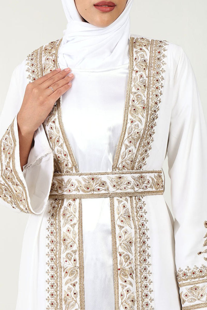 Elegant Summer Cool Fabric 2 - Piece Abaya Set with Embroidered Shrug & Satin Lining - White - EastEssence.com