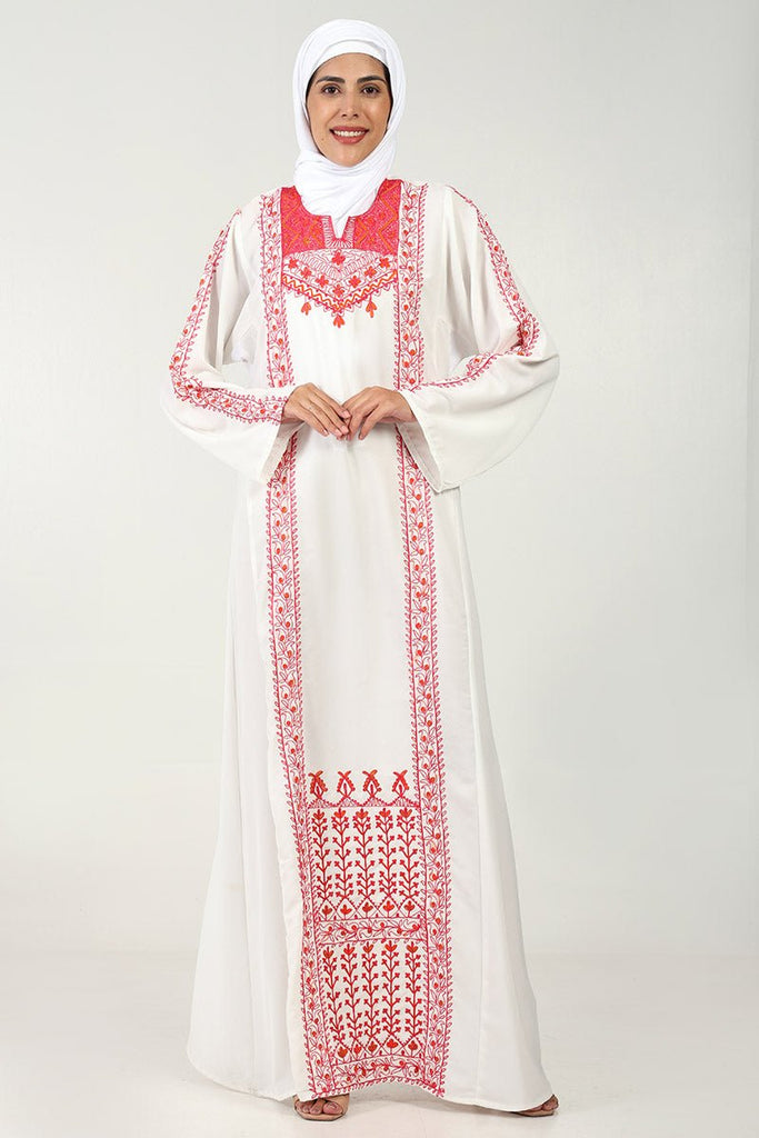 Elegant Summer Cool Fabric 2 - Piece Abaya Set with Floral Embroidery - White - EastEssence.com