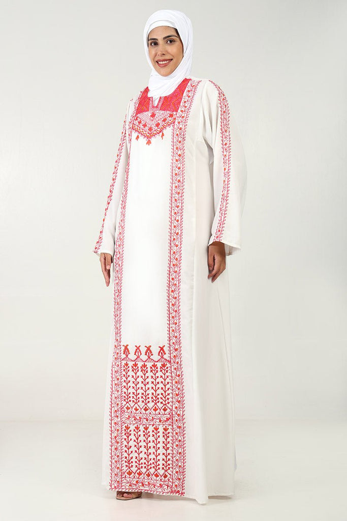 Elegant Summer Cool Fabric 2 - Piece Abaya Set with Floral Embroidery - White - EastEssence.com