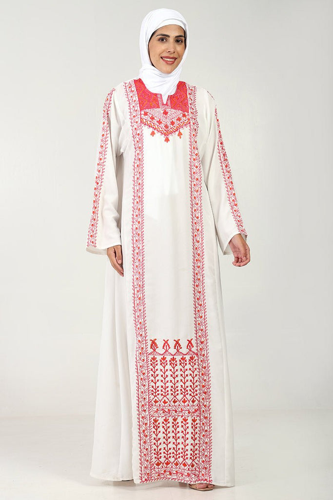 Elegant Summer Cool Fabric 2 - Piece Abaya Set with Floral Embroidery - White - EastEssence.com