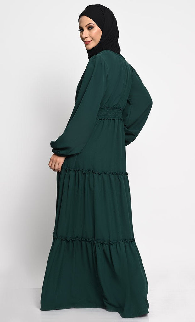 Elegant Summer Cool Fabric Layered Abaya with Frill Layers and Crepe Lining - EastEssence.com