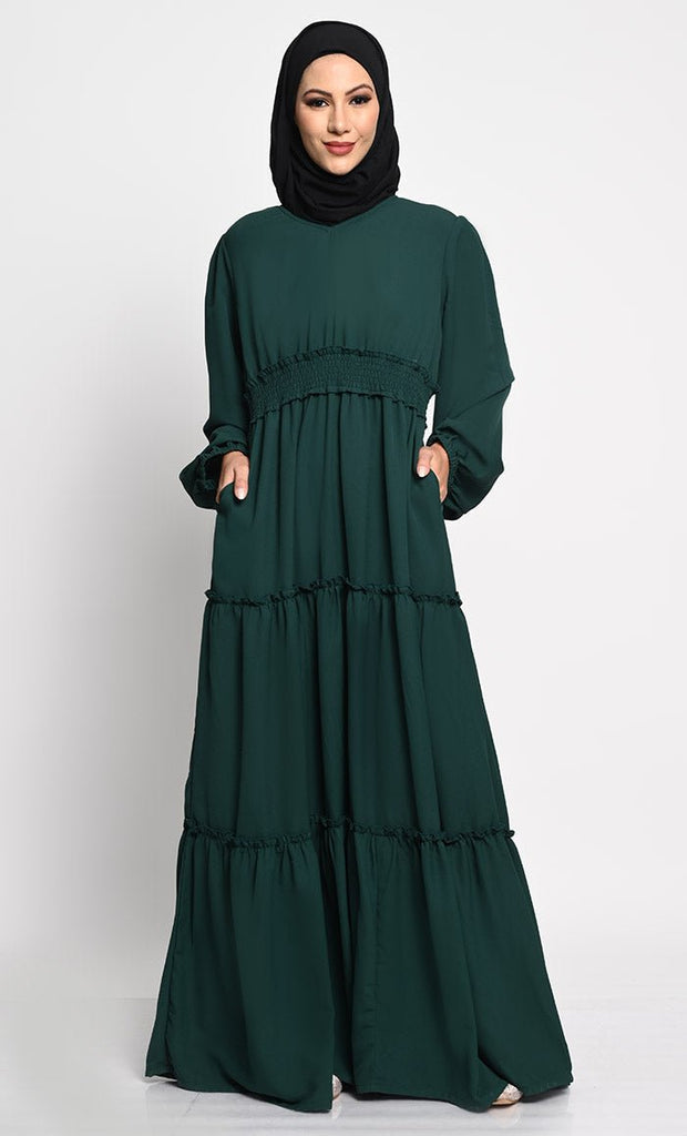 Elegant Summer Cool Fabric Layered Abaya with Frill Layers and Crepe Lining - EastEssence.com