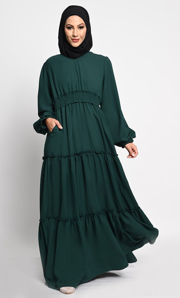 Elegant Summer Cool Fabric Layered Abaya with Frill Layers and Crepe Lining - EastEssence.com