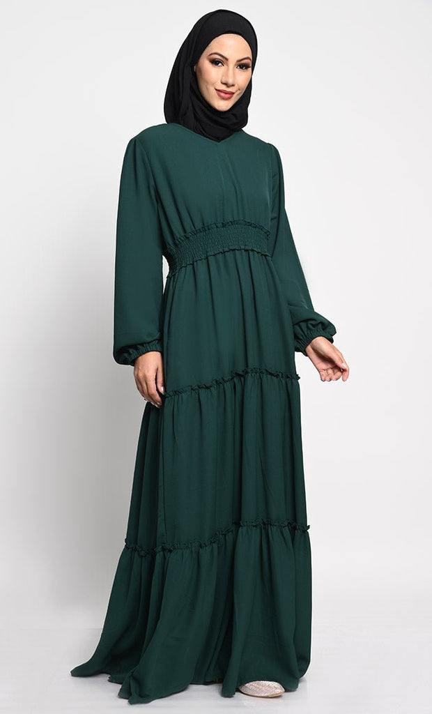 Elegant Summer Cool Fabric Layered Abaya with Frill Layers and Crepe Lining - EastEssence.com