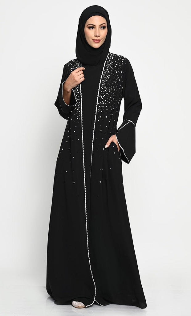 Elegant Summer Cool Fabric Layered Abaya with Pearl, Stone, and Bead Embroidery - EastEssence.com