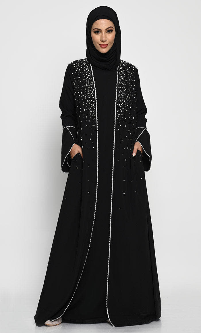 Nida Layered Abaya with Pearl, Stone & Embroidery