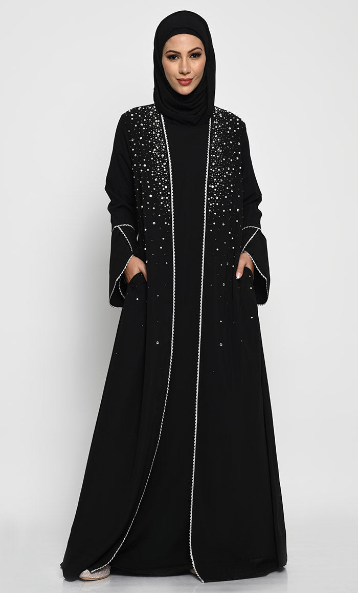 Elegant Nida Fabric Layered Abaya With Pearl Stone And Bead Embroide elegant-nida-fabric-layered-abaya-with-pearl-stone-and-bead-embroide