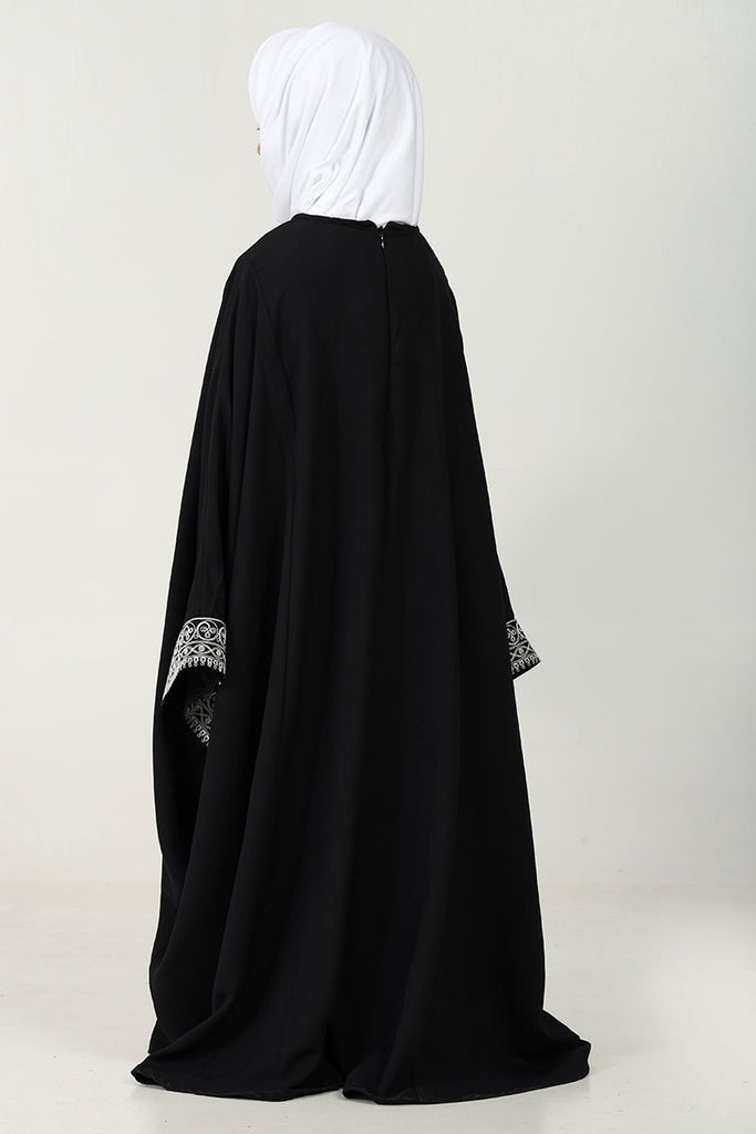 Elegant Summer Cool Kaftan Abaya for Girls with Cord Embroidery - Black - EastEssence.com