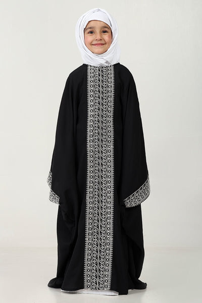 Elegant Summer Cool Kaftan Abaya for Girls with Cord Embroidery - Black - EastEssence.com