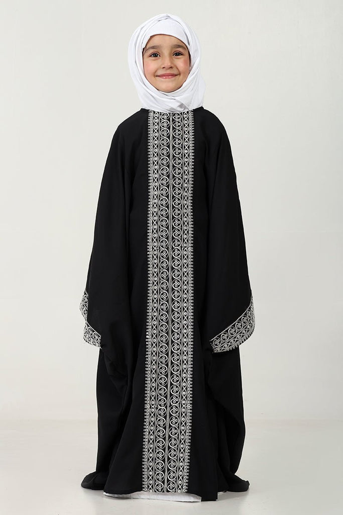 Elegant Summer Cool Kaftan Abaya for Girls with Cord Embroidery - Black - EastEssence.com