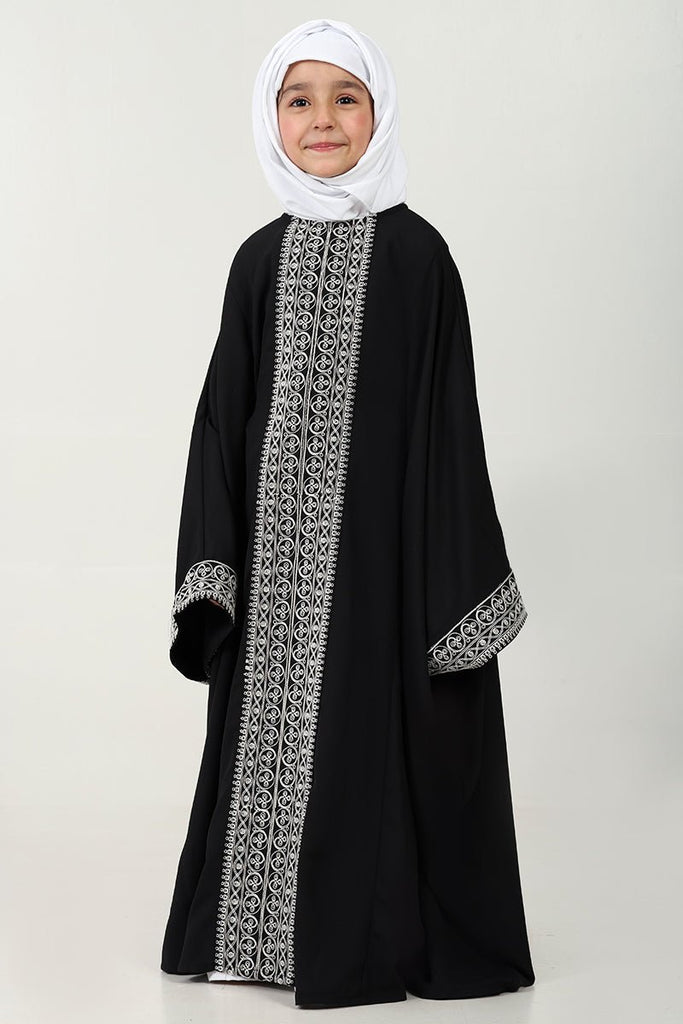 Elegant Summer Cool Kaftan Abaya for Girls with Cord Embroidery - Black - EastEssence.com