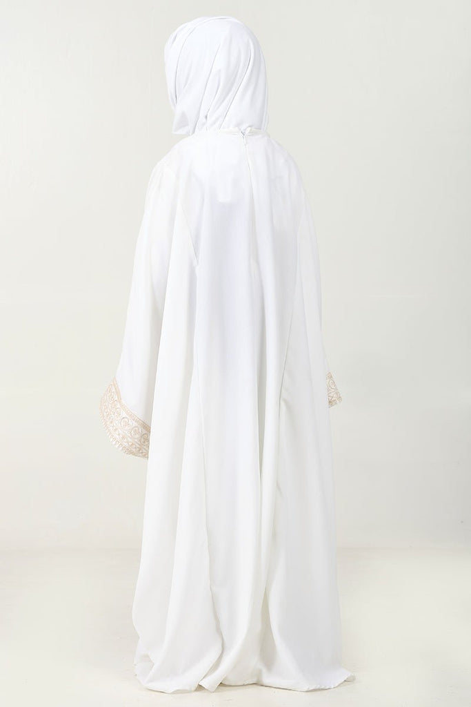 Elegant Summer Cool Kaftan Abaya for Girls with Cord Embroidery - White - EastEssence.com