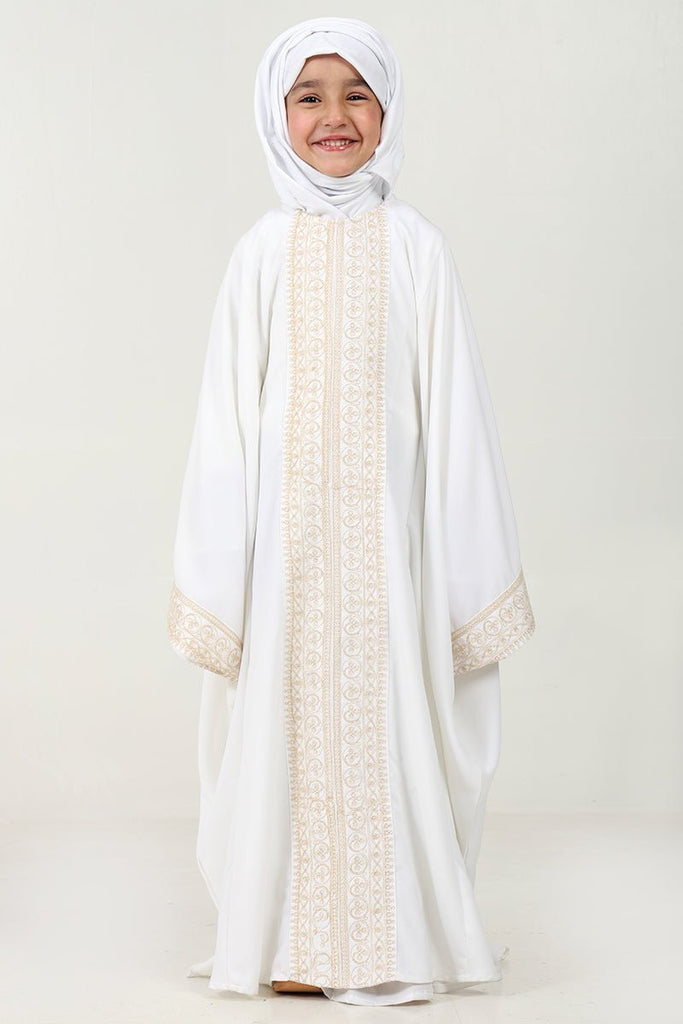 Elegant Summer Cool Kaftan Abaya for Girls with Cord Embroidery - White - EastEssence.com