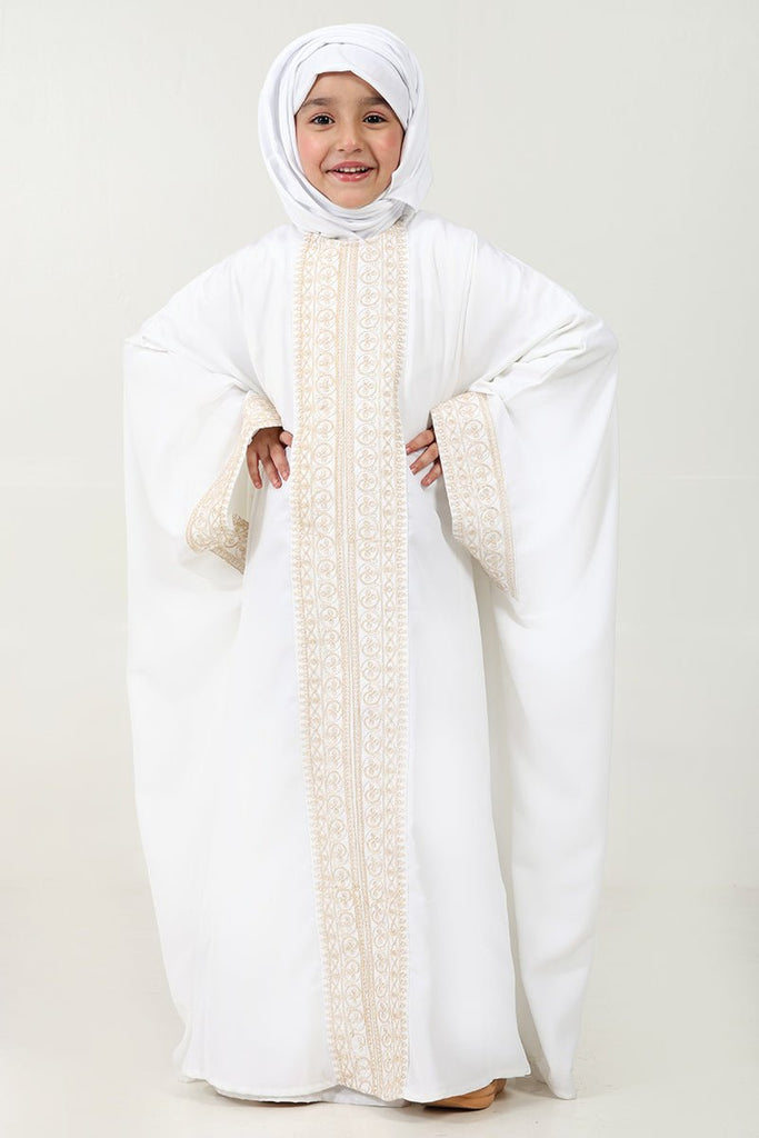 Elegant Summer Cool Kaftan Abaya for Girls with Cord Embroidery - White - EastEssence.com