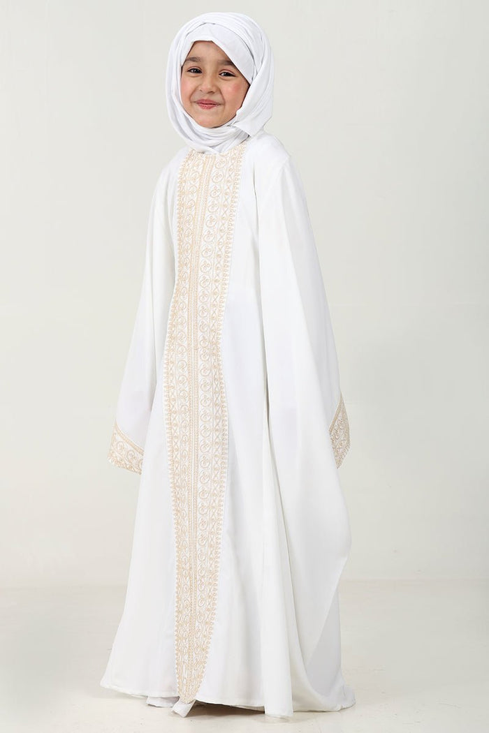 Elegant Summer Cool Kaftan Abaya for Girls with Cord Embroidery - White - EastEssence.com
