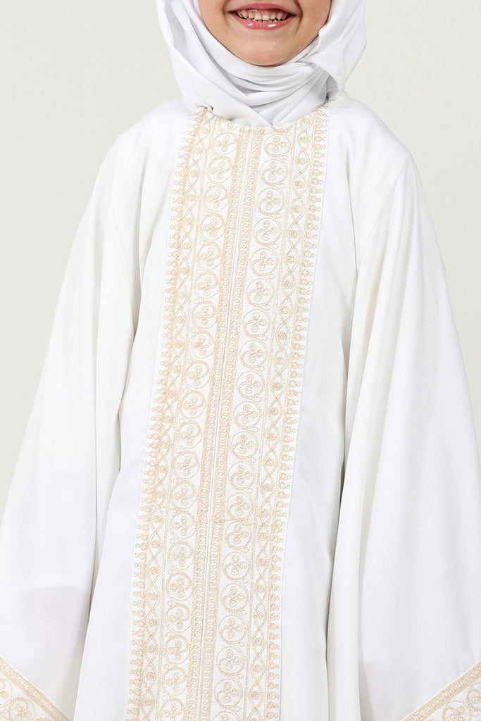 Elegant Summer Cool Kaftan Abaya for Girls with Cord Embroidery - White - EastEssence.com