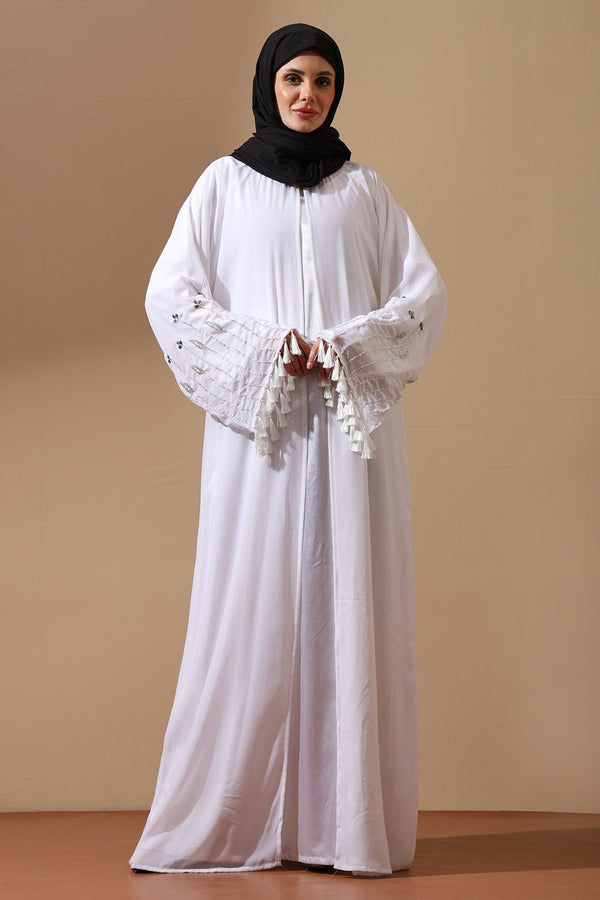 Elegant White Abaya with Embroidered Tassel Sleeves - EastEssence.com