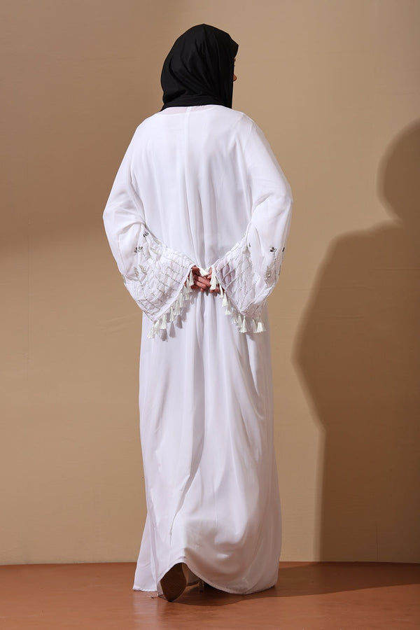 Elegant White Abaya with Embroidered Tassel Sleeves - EastEssence.com