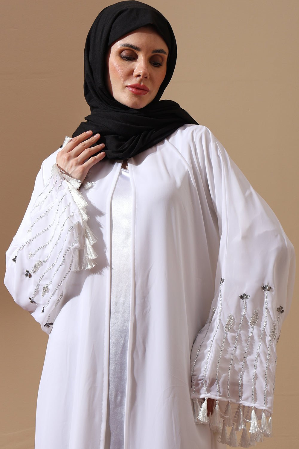 Elegant White Abaya with Embroidered Tassel Sleeves - EastEssence.com
