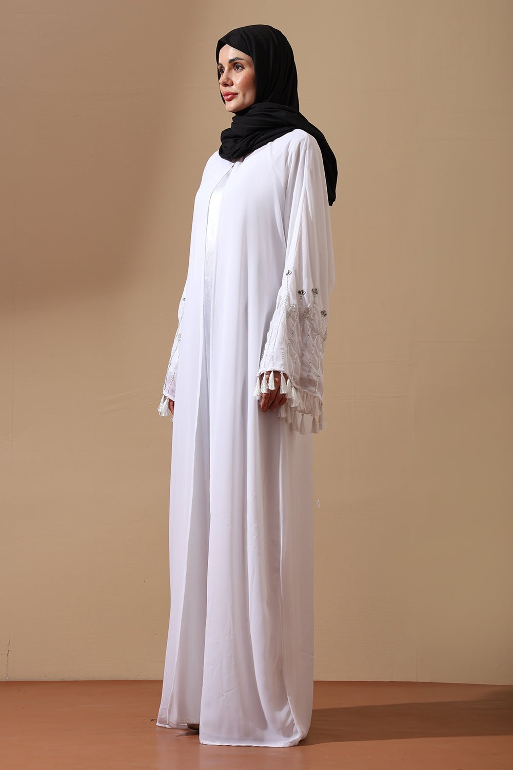 Elegant White Abaya with Embroidered Tassel Sleeves - EastEssence.com