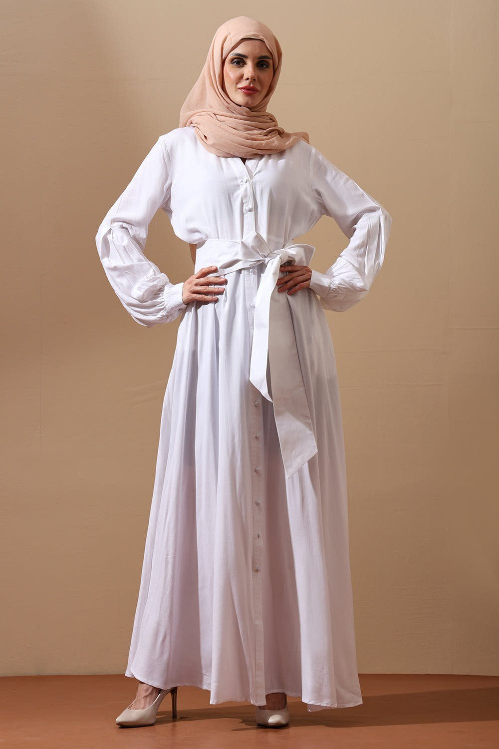 White Button-Down Belted Abaya