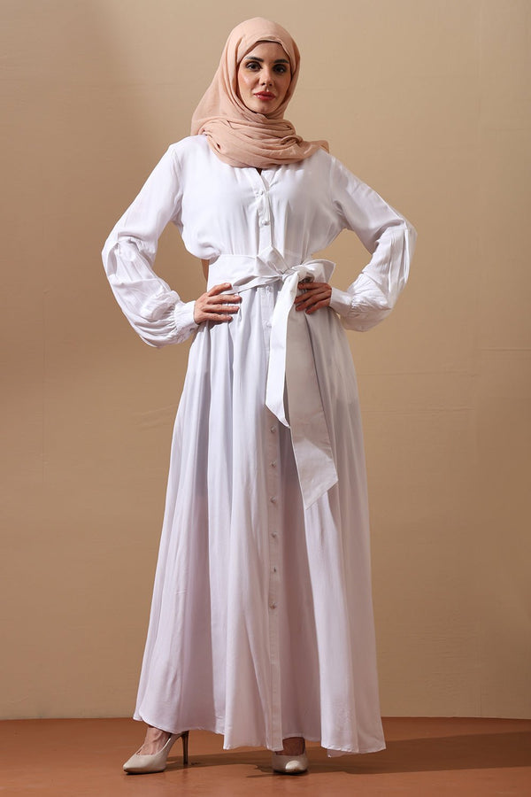 Elegant White Button - Down Belted Abaya Dress - EastEssence.com
