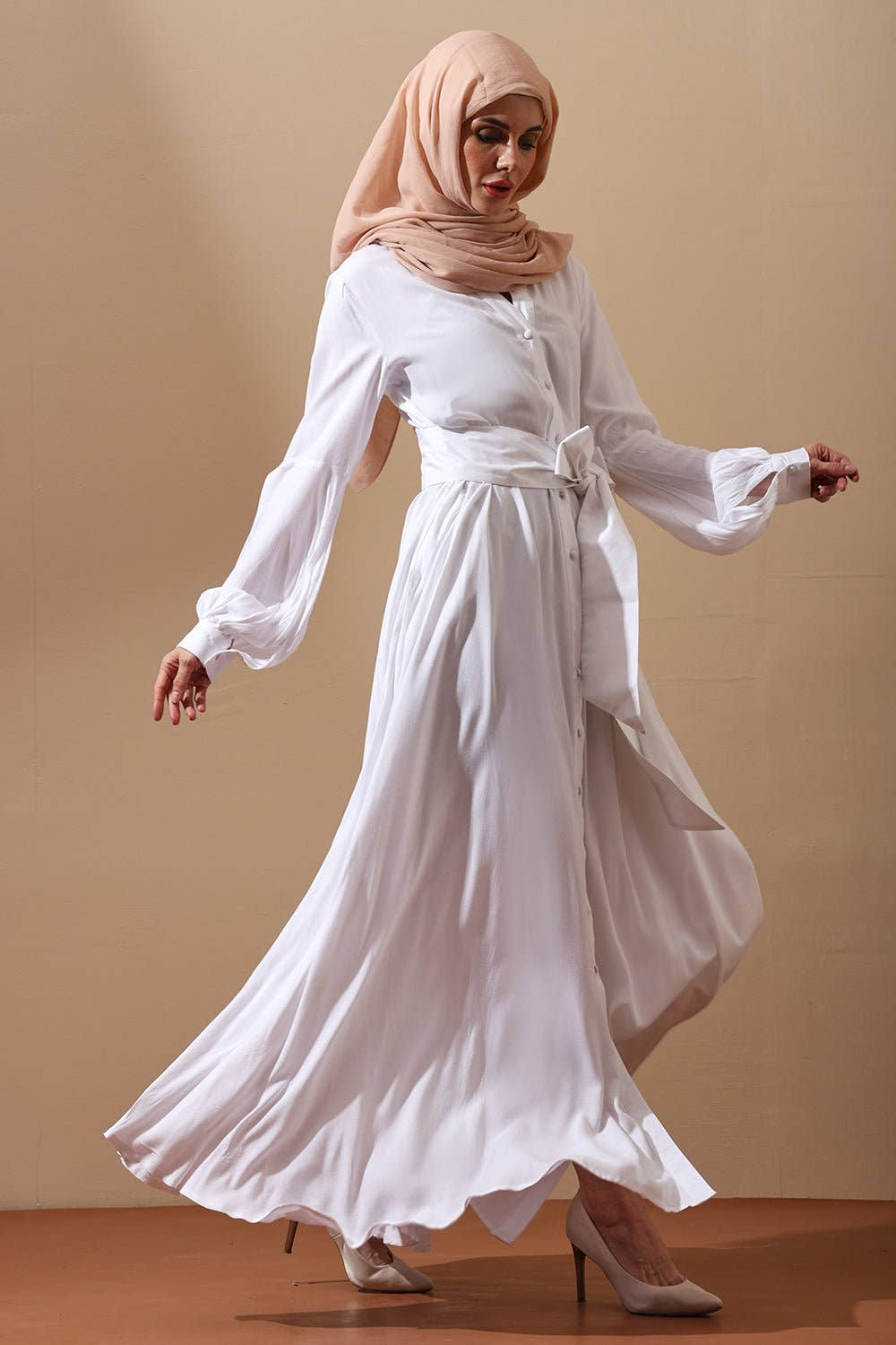 Elegant White Button - Down Belted Abaya Dress - EastEssence.com