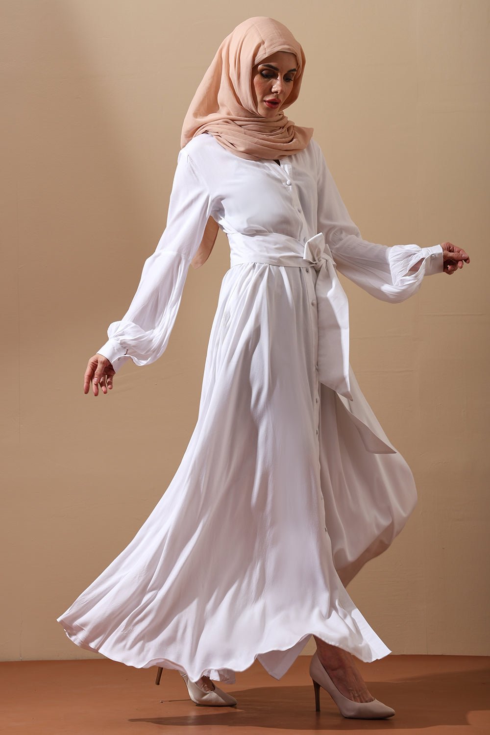 Elegant White Button - Down Belted Abaya Dress - EastEssence.com