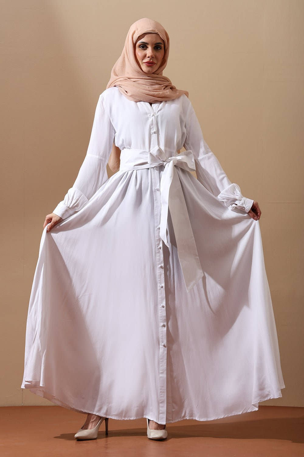 Elegant White Button - Down Belted Abaya Dress - EastEssence.com