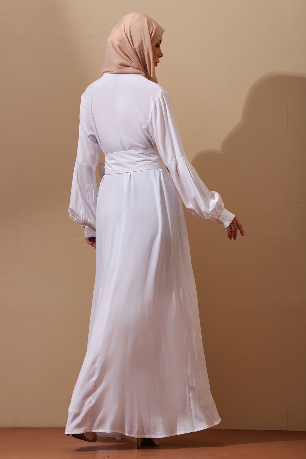 Elegant White Button - Down Belted Abaya Dress - EastEssence.com