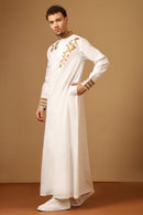 Elegant White Slub Poplin Thobe with Gold Embroidery - EastEssence.com