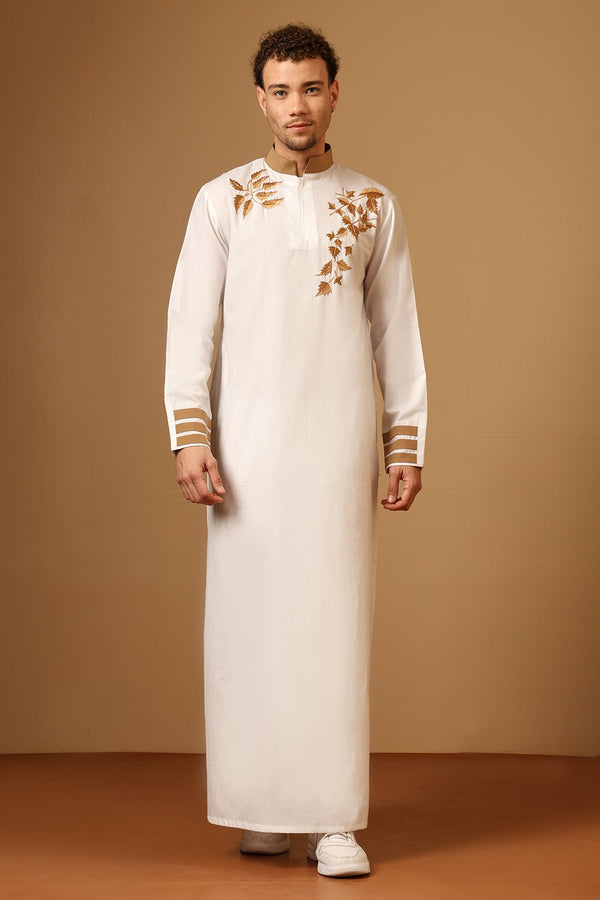 Elegant White Slub Poplin Thobe with Gold Embroidery - EastEssence.com