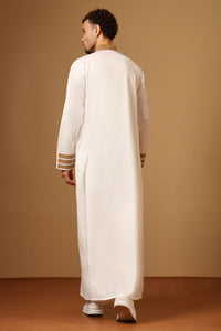 Elegant White Slub Poplin Thobe with Gold Embroidery - EastEssence.com