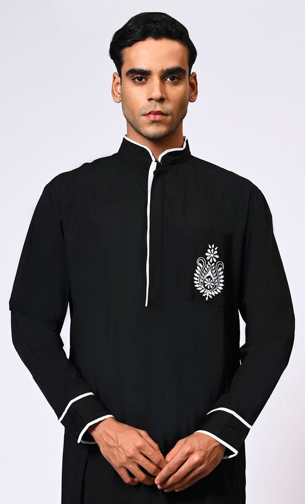 Elevated Elegance: Embroidered Men's Black Thobe with Contrast Accents - Final Sale - EastEssence.com