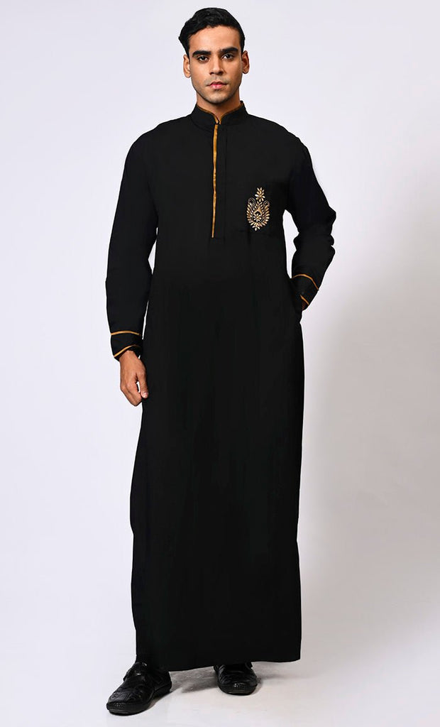 Elevated Elegance: Embroidered Men's Black Thobe with Contrasting Trims - Final Sale - EastEssence.com