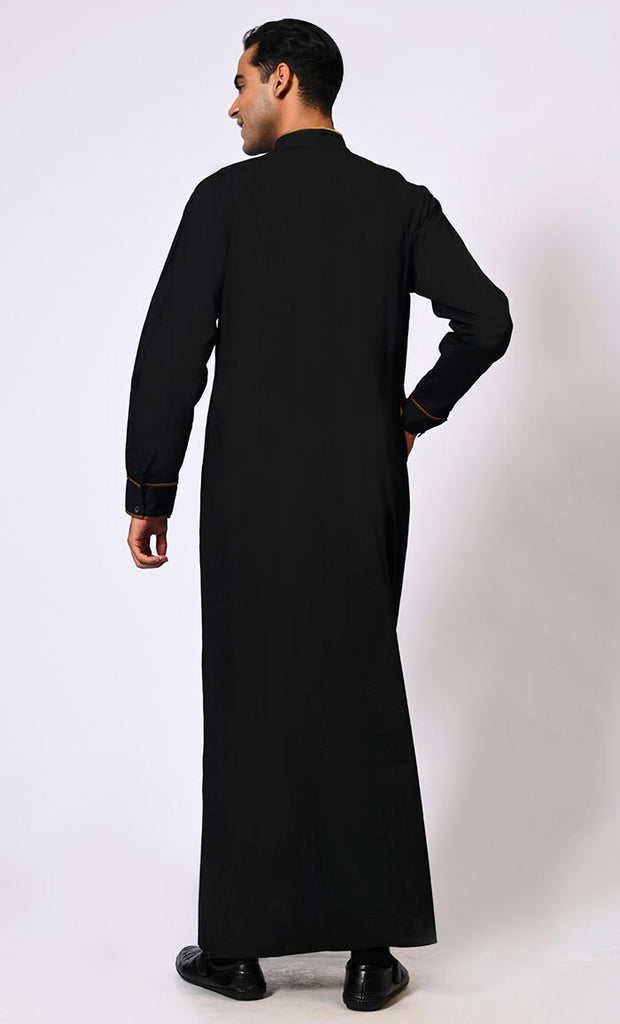 Elevated Elegance: Embroidered Men's Black Thobe with Contrasting Trims - Final Sale - EastEssence.com