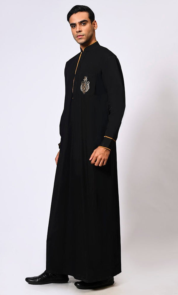 Elevated Elegance: Embroidered Men's Black Thobe with Contrasting Trims - Final Sale - EastEssence.com