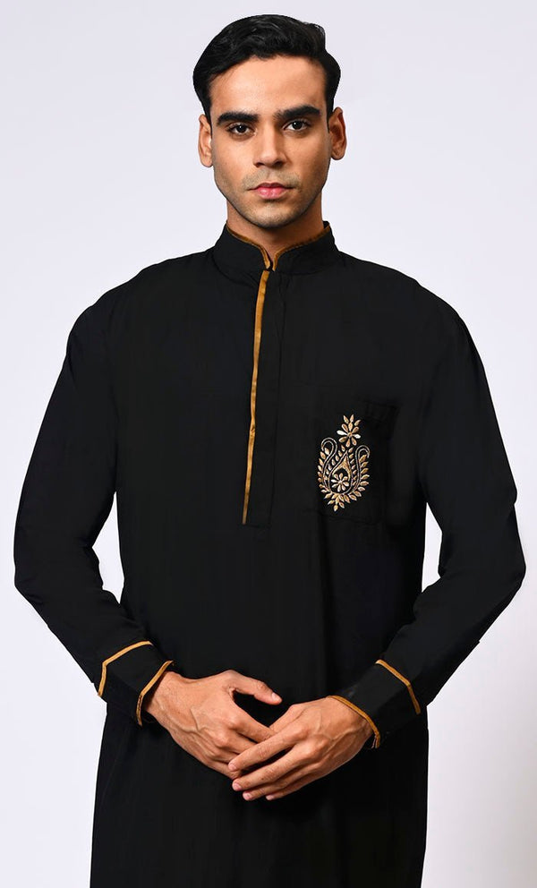 Elevated Elegance: Embroidered Men's Black Thobe with Contrasting Trims - Final Sale - EastEssence.com