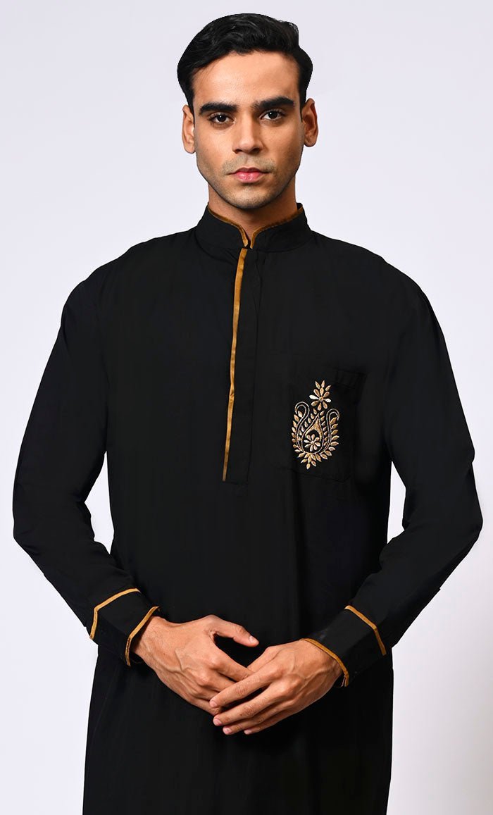 Elevated Elegance: Embroidered Men's Black Thobe with Contrasting Trims - Final Sale - EastEssence.com
