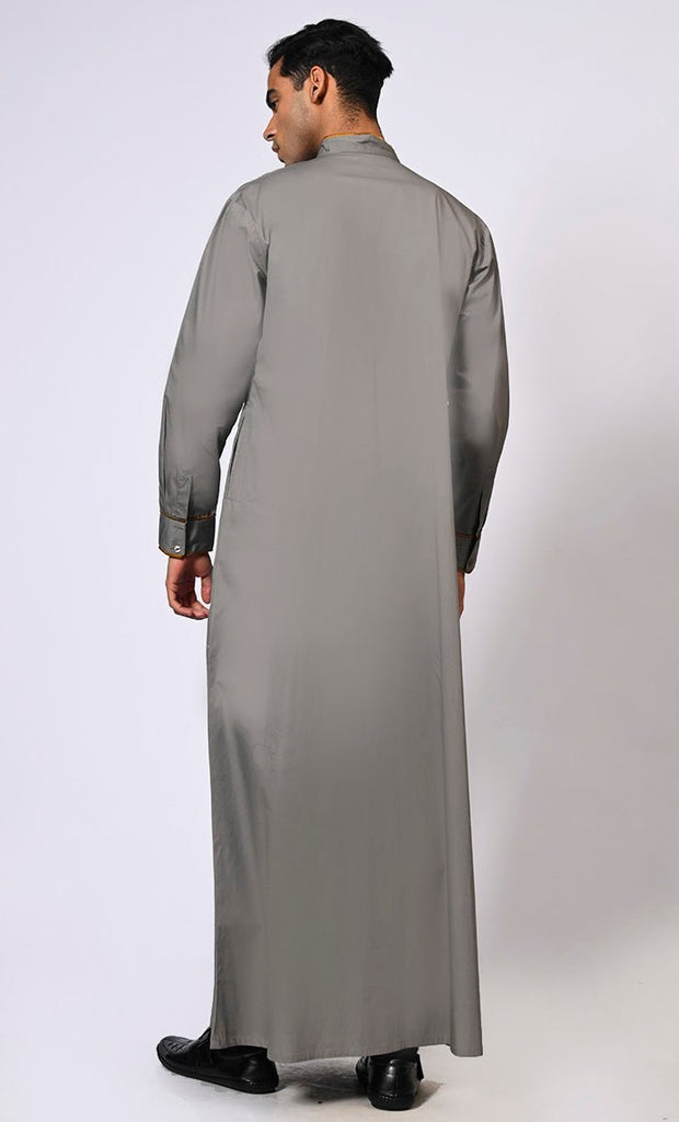 Elevated Elegance: Embroidered Men's Grey Thobe with Contrast Accents - Final Sale - EastEssence.com