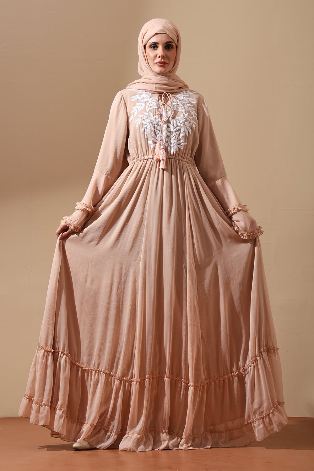 Embroidered Abaya with Flared Sleeves and Tassel Tie - EastEssence.com