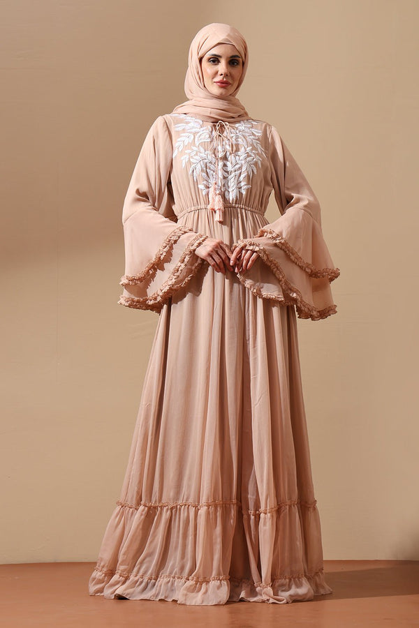 Embroidered Abaya with Flared Sleeves and Tassel Tie - EastEssence.com