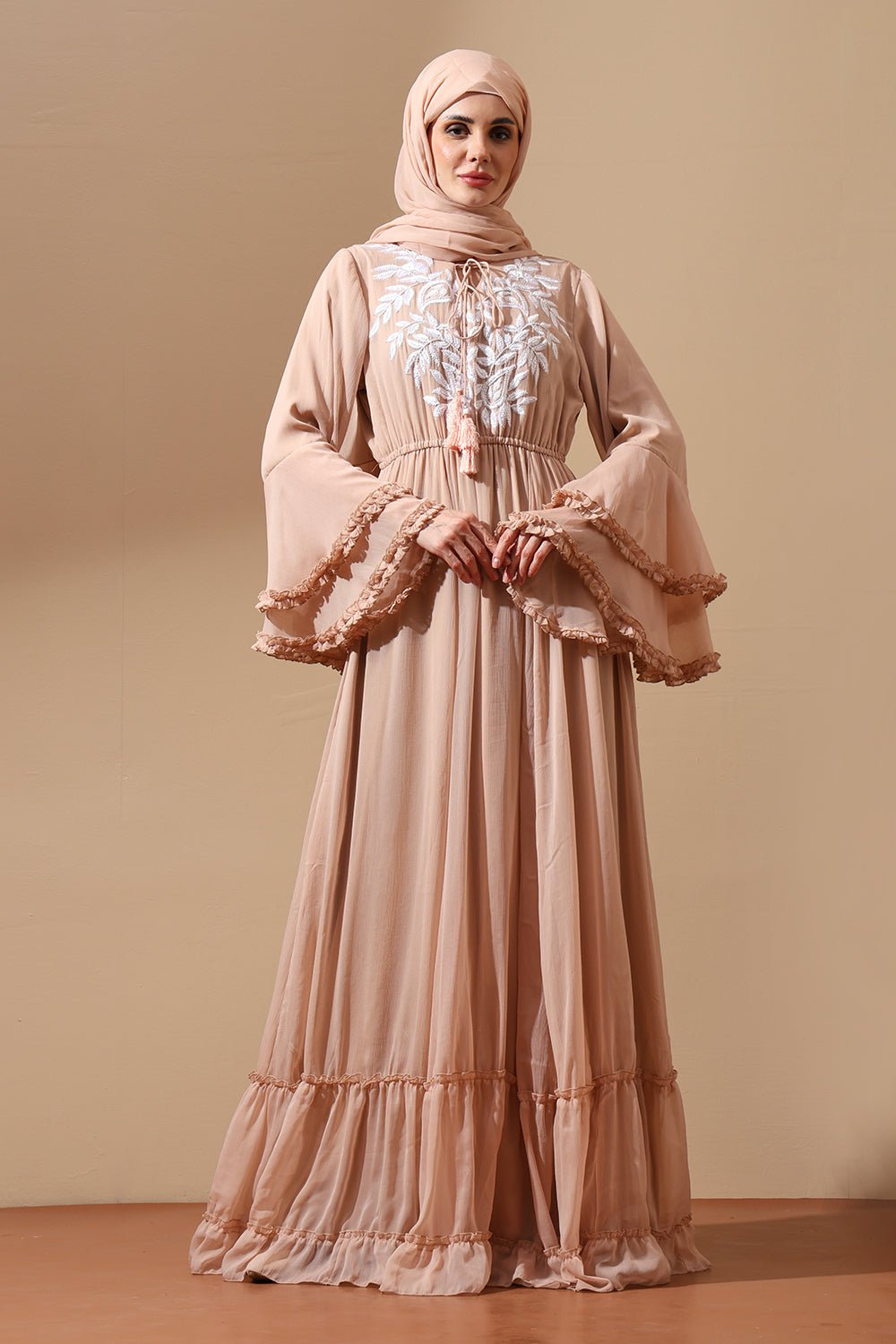 Embroidered Abaya with Flared Sleeves and Tassel Tie - EastEssence.com