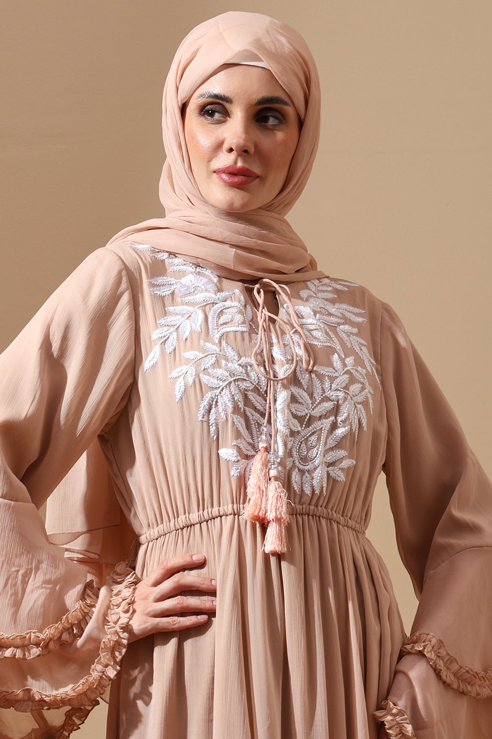Embroidered Abaya with Flared Sleeves and Tassel Tie - EastEssence.com