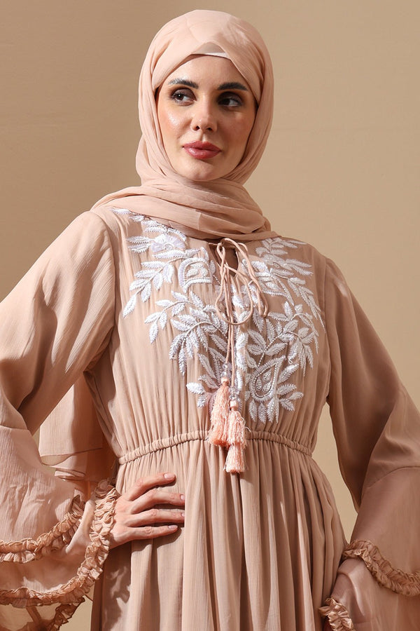 Embroidered Abaya with Flared Sleeves and Tassel Tie - EastEssence.com