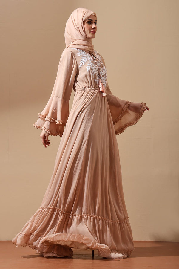 Embroidered Abaya with Flared Sleeves and Tassel Tie - EastEssence.com
