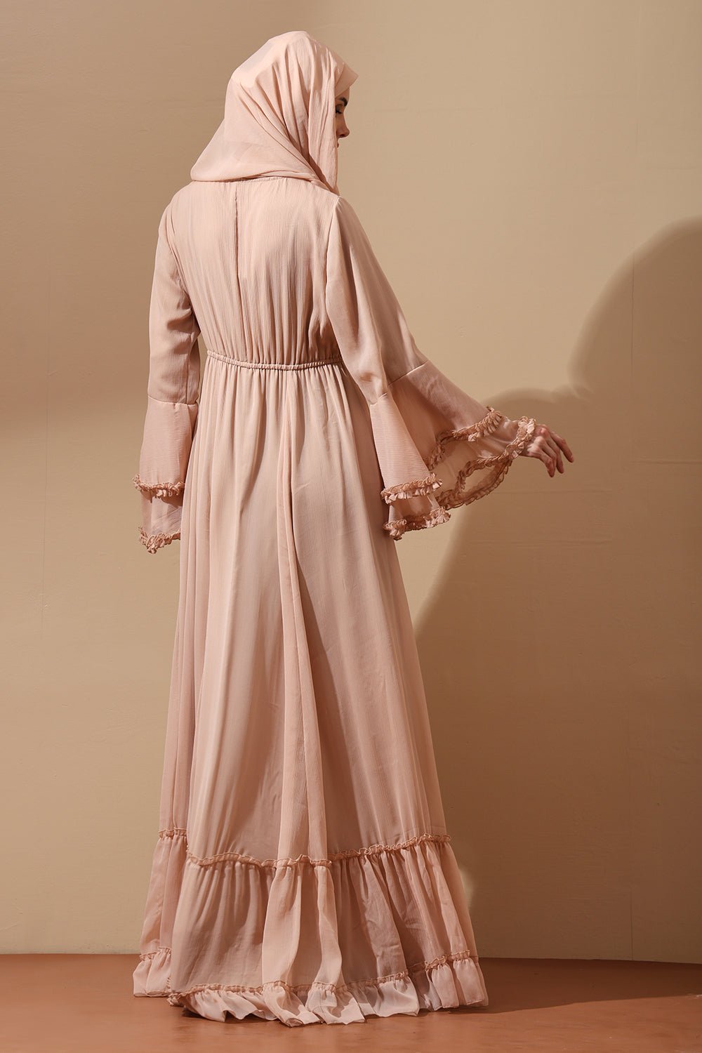 Embroidered Abaya with Flared Sleeves and Tassel Tie